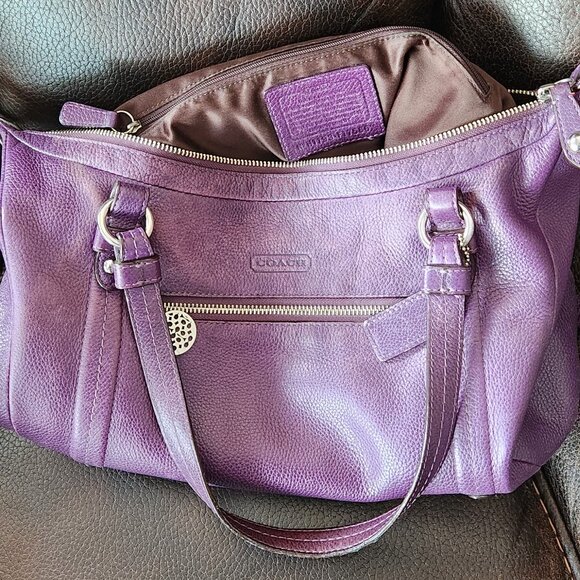 Coach F17566 Leather Alexandra Convertible Pebble Leather Tote Purple - Picture 3 of 4